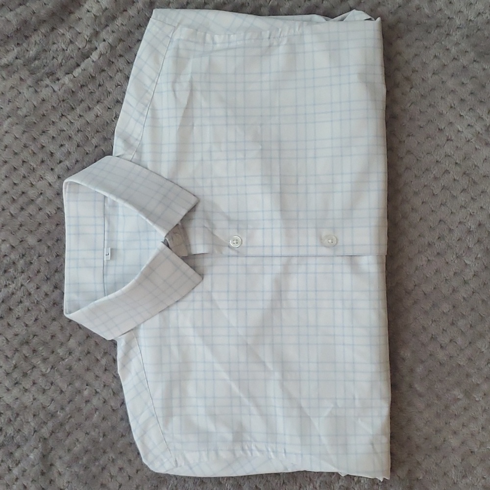 State & Liberty men's long sleeve dress shirt, L, white and blue check pattern